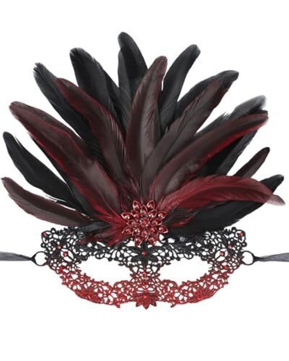 4642 Halloween Masquerade Masks - Black Red Feather Lace Mask with Red